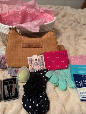bebe Tan Embossed Crossbody with Gold Nameplate